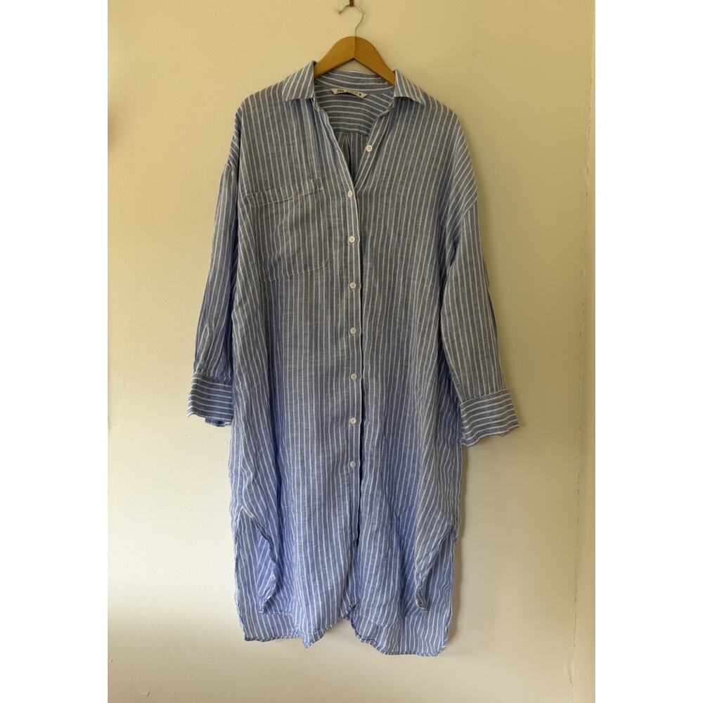 ZARA Oversided Blue and White Striped Linen Shirtdress Size Medium